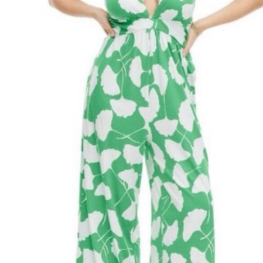 Diane Von Furstenberg Green and White Botanical Jumpsuit